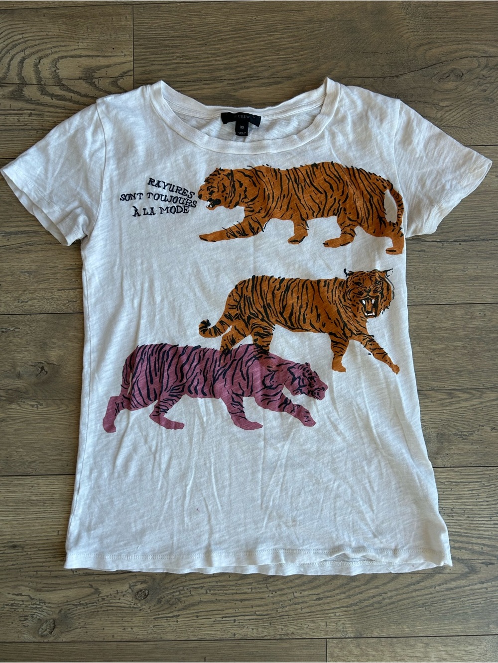 J. Crew White Tee with Orange and Pink Tiger Trio